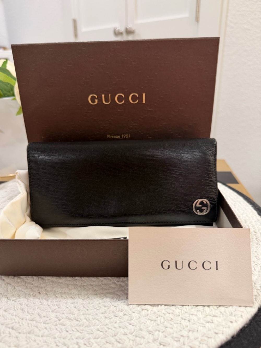 Gucci Black Leather GG Marmont Long Bifold Wallet + Dustie & Gag Box ⭐️